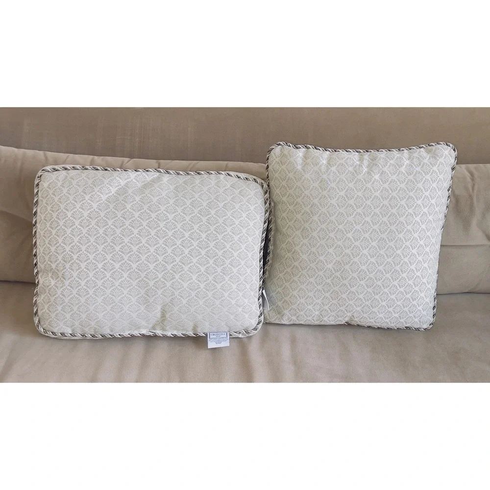 Croscill Home Set of 2 Decorative Throw Pillows Blk Cream Damask Jacquard Trim